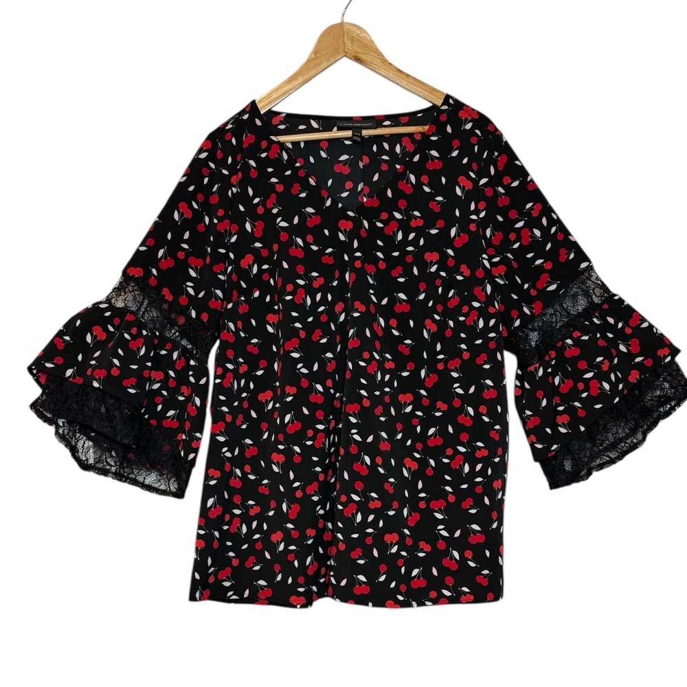 Lane Bryant Black and Red Cherry Print Top Lace Ruffle 3/4 sleeve size 14/16 - Picture 2 of 9